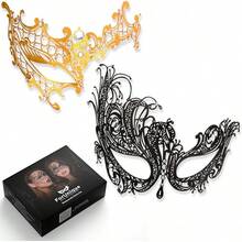 New 2026 Very Popular Masquerade Couples Women And Men - 3 Pack Venetian Gold And Black Lace, Mardi Gras - 金屬 - 2件套 女士 - 查看 2