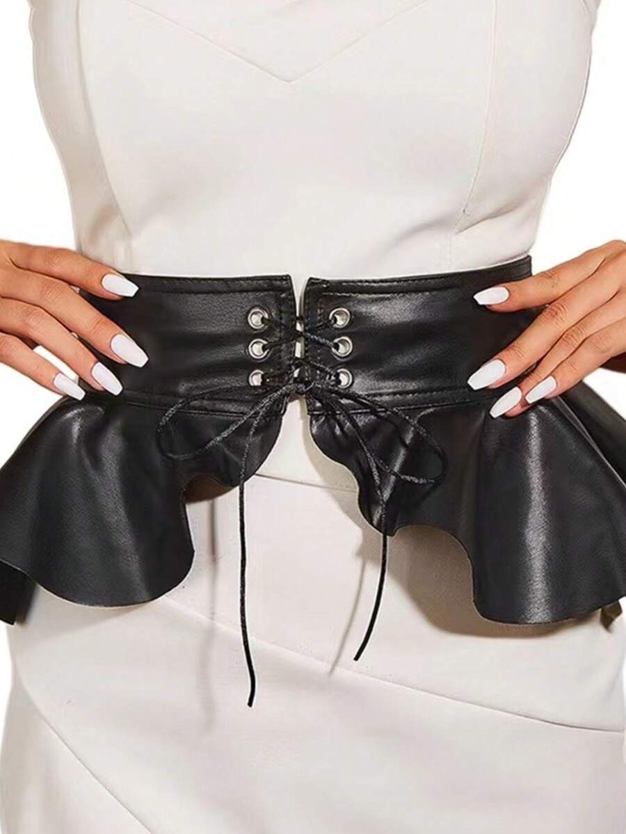 New Unique French Design Layered Waist Tie Belt, Suitable For Skirts, Black, Stylish - Black Ruffled Skirt - View 1