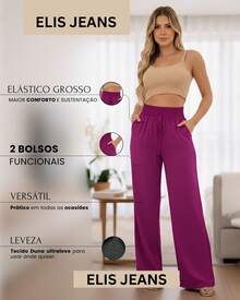 Women's High Waist Wide Leg Pants With Pockets, Thick Elastic, Duna Fabric, Zero Transparency - Màu Hoa hồng đỏ - Xem 4