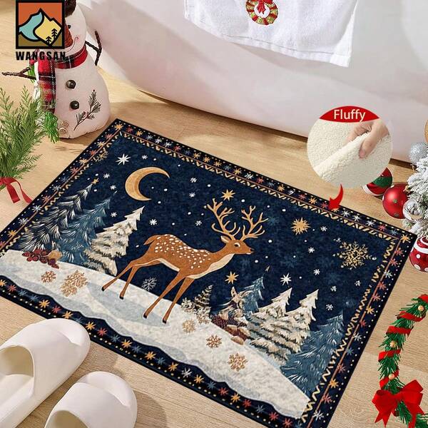 1 pièce/2 pièces Tapis de bain antidérapant avec motif de cerfs de Noël, forêt enneigée, lune et étoiles. Matériau en fausse cachemire, décorations moelleuses convenant pour les salles de bain, les entrées, les cuisines et les décorations festives. Lavable en machine, idée cadeau