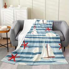 Nautische Seestern-, Segelboot- und Leuchtturm-gestreifte Flanelldecke – ultraweich, gemütliche Decke für Bett, Sofa, Stuhl, Camping, Büro & Geschenke – vielseitige Ganzjahresdecke mit nautischem Thema, nautische Wohnkultur |   Maritimes Design |   Weiche Textur, Stranddecke