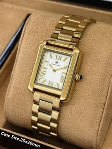 Pablo Raez 1 件 18K 金女士手表不锈钢夏季配饰复古手表银饰不褪色原创迷人顶级品质女士钟表奢华正装手表 IPS 电镀优雅全新矩形华丽设计石英表时尚白色表盘高品质女士流行方形手表 - 金色 - 查看 4