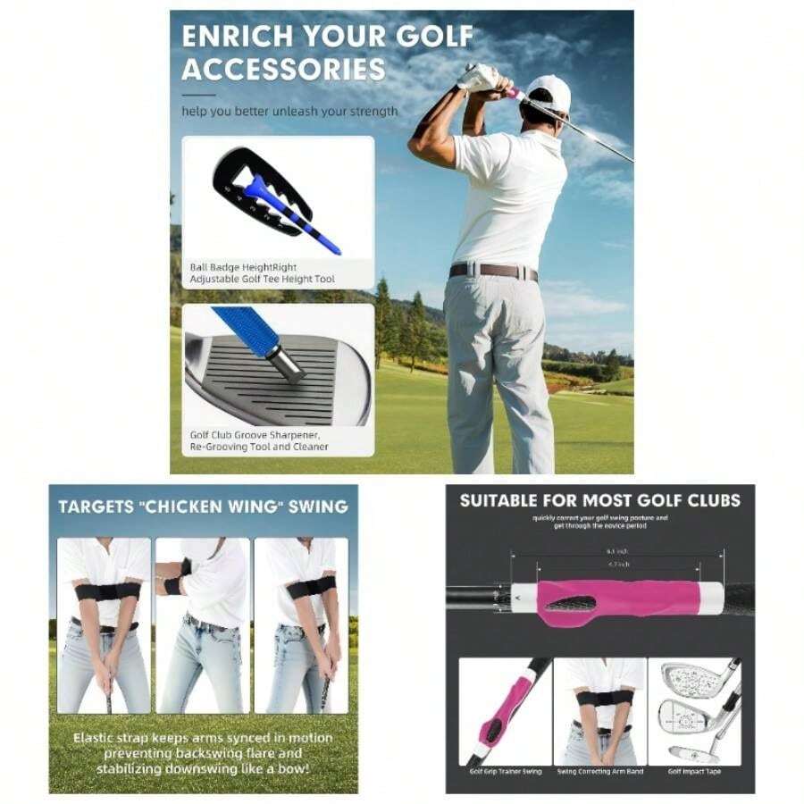 5 - In - 1 Training Kit: Grip Trainer, Swing Correcting Arm Band, High - Resolution Impact Tape Correct Position, Adjustable Tee Height Club Groove Sharpener Adjusting Hitting - Hồng - Xem 1