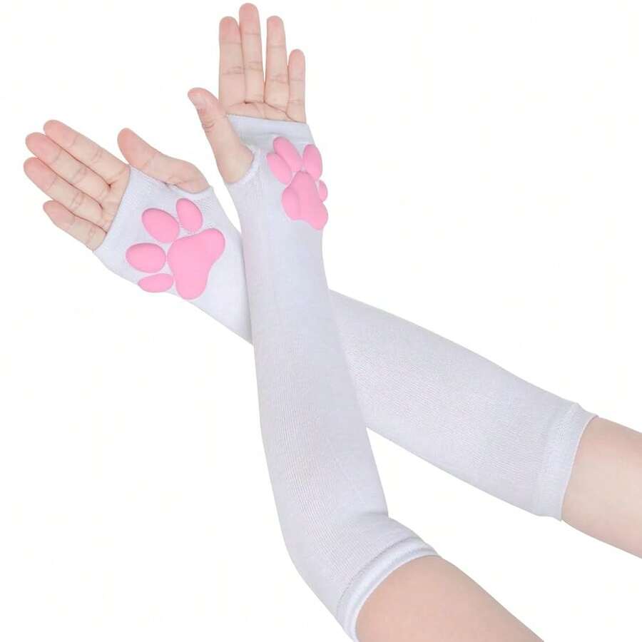 Nydotd Cat Paw Pad Mittens Gloves Kawaii Pink 3D Claw Fingerless Cute Cat Cosplay Gloves Sleeve For Girls Party{"Color_name":"White","Size_name":"Long"} - 白色的 - 查看 1
