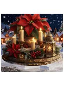 1pc Acrylic 2D Flat Christmas Centerpiece Decor - Holiday Candle Holder With Lit Candle, Poinsettia And Berries, Gold Accents, Suitable For Home And Office Decoration, Multipurpose Holiday Decor, No Power Required - Multicolor - View 4