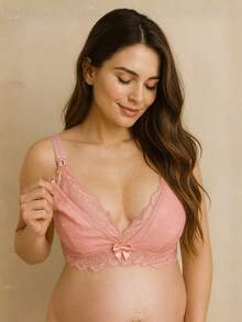 Reinforced Lace Nursing Bra For Pregnant Women, Easy Open Postpartum. - 乾枯玫瑰色 - 查看 1