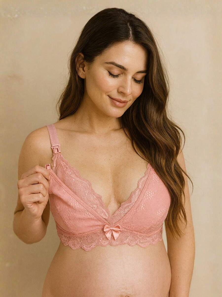 Reinforced Lace Nursing Bra For Pregnant Women, Easy Open Postpartum. - 乾枯玫瑰色 - 查看 1