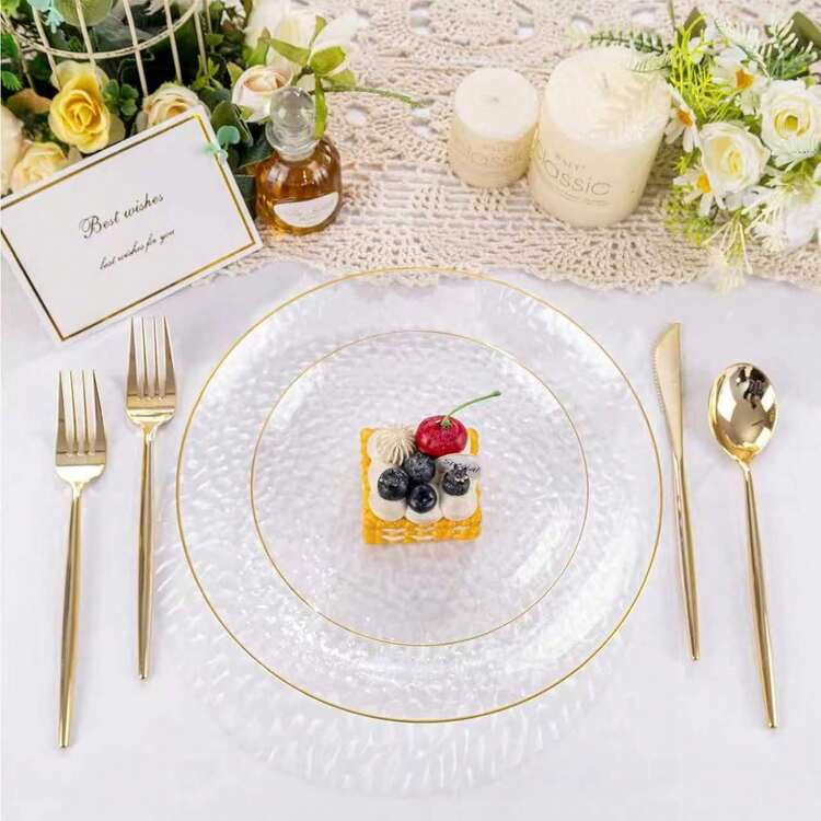 50pcs/Set Transparent Gold Rim Hammered Round Plates, 10.25" Large Plate, 7.5" Small Plate, Reusable And Easy To Clean Lovely Dinnerware, Suitable For Weddings, Birthday Parties, Family Gatherings, Outdoor Team Building, Regular Plates, School, Back To School Events - Transparent - View 8