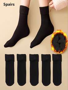 "5 Pairs Of Thick, Cozy Knitted Winter Socks - Mid-Calf, Snow-Resistant With Plush Lining For Men And Women"