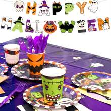 170pcs Halloween Party Decorations Halloween Party Supplies Tableware Set Disposable Paper Tableware Set, Birthday Decorations, For Themed Party, Birthday Gift, Party Favor, Party Tableware, Disposable Food Tray, Birthday Cake Tray, Include Plates Paper Dessert Napkins Cups Tableware Cutlery Banner Tablecloth Party Kit For Happy Halloween Holiday Party Decorations - 南瓜幽靈 - 查看 2