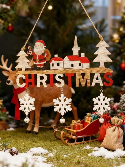 1Pc Christmas Doorplate Wooden Sign Front Door Decoration Santa Claus/Snowman/Elk Snowflake Bell Decoration Wall Porch Decoration Suitable For Home Indoor And Outdoor Wall Hanging Winter Decoration Gift Home Decor