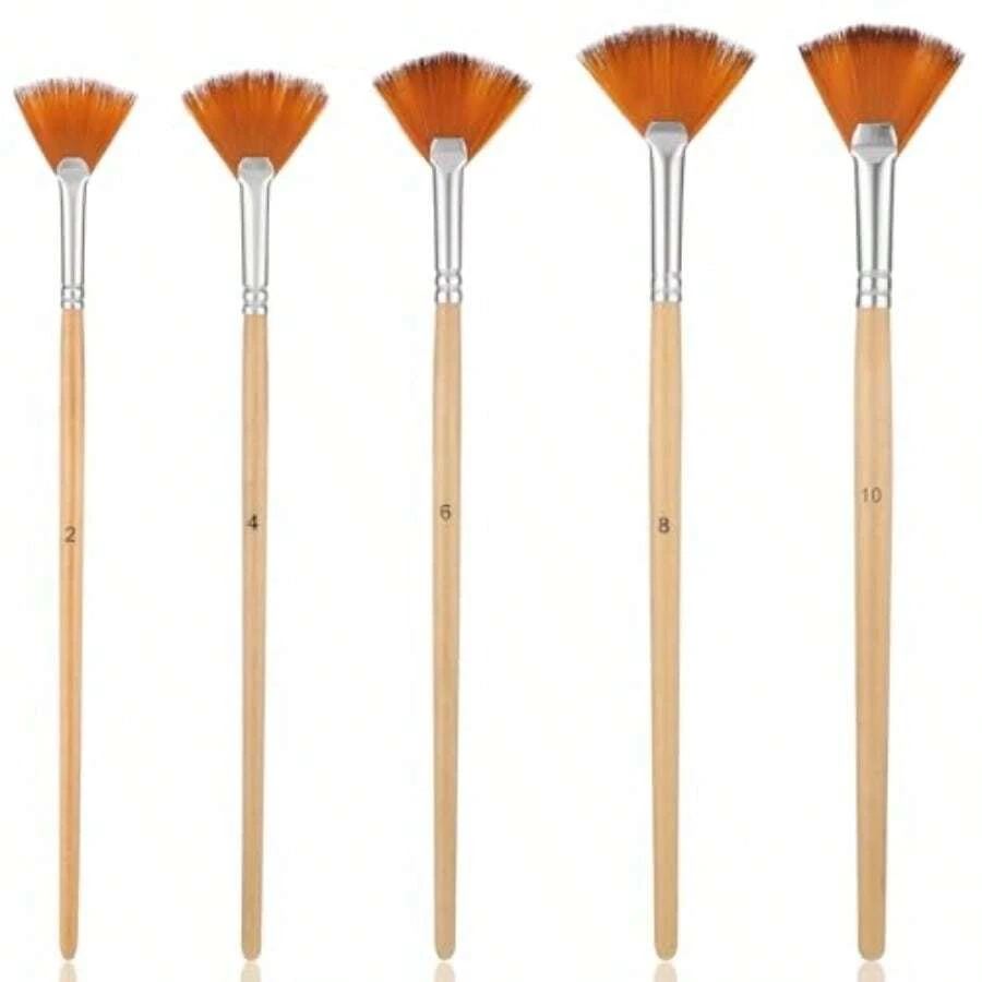 5 Pcs Fan Brushes Wood Paint Fan Brush For Painting Long Handle Mini Paint Brushes Nylon Paint Brush Kit For Acrylic Oil Watercolor Gouache Painting - 木質色 - 查看 1
