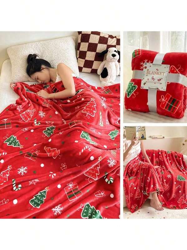 Christmas Thickened Flannel Blanket, Bright Red Coral Fleece Blanket, Air Conditioning Blanket, Gift