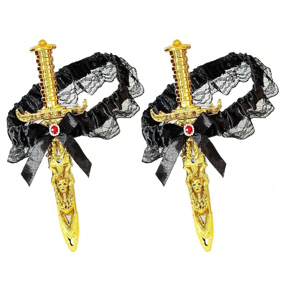 2 Pcs Pirate Sword With Lace Bow Womens Pirate Costume Toy Sword With Thigh Garter Pirate Costume Women Pirate Accessories{"Color_name":"Gold"} - Vàng - Xem 1