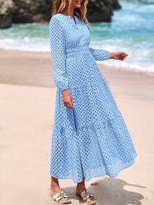 Women's Spring And Summer Maxi Dress Short Sleeve V Neck Hollow Out Eyelet A Line Long Flowy Wedding Guest Beach Vacation Dresses For Women - Màu xanh da trời - Xem 6