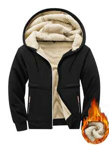 A Men's Casual Polyester Hooded Jacket With Long Sleeves, Low Elasticity, Open Hem, Zipper Closure, Regular Style, Autumn And Winter Coat, Thick Version