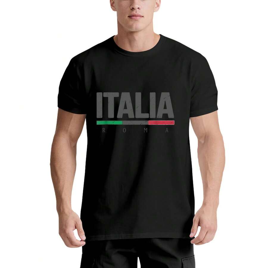 Camiseta turística unisex de la bandera italiana de Roma, 220g de algodón, estampado de bandera, blanco y negro, transpirable, para viajes y turismo para turistas y adultos - Negro - Ver 1