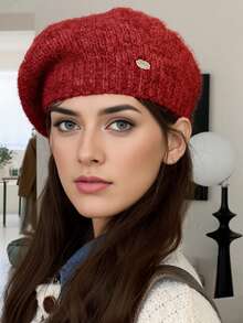 1 件女士蓬松贝雷帽，纯色细羊毛针织云帽，画家帽报童帽，可水洗但不可机洗，适合秋冬季日常穿着、散步、购物