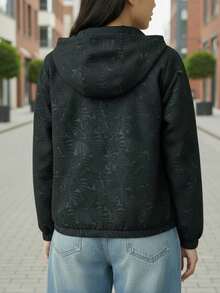 Damen Reißverschluss Kapuzenjacke leicht Lässig Windbreaker mit Taschen, botanisches Blattmuster, schwarze Outdoor Streetwear