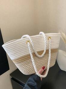 1 Piece, Pure Hand-Woven Bag In Leisure And Minimalist Vacation Style, Rope Braid, Open Style Ladies Beach Bag For Vacation Trip And Stylish Clothing Matching And Shopping With Friends, Gift For Girls, Suitable For Travel, Travel Essentials - 卡其色 - 查看 6