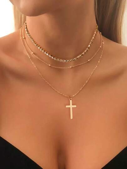 3pcs/Set Fashionable Luxury Necklace Set With Rhinestone Claw Chain, Copper Bead Chain And Cross Pendant, Suitable For Women's Daily And Party Wear