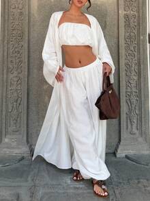 三件套：宽松缎面纹理超长夹克、抹胸上衣和阔腿裤，时尚法式简约风格，适合休闲和度假 - 白色 - 查看 9