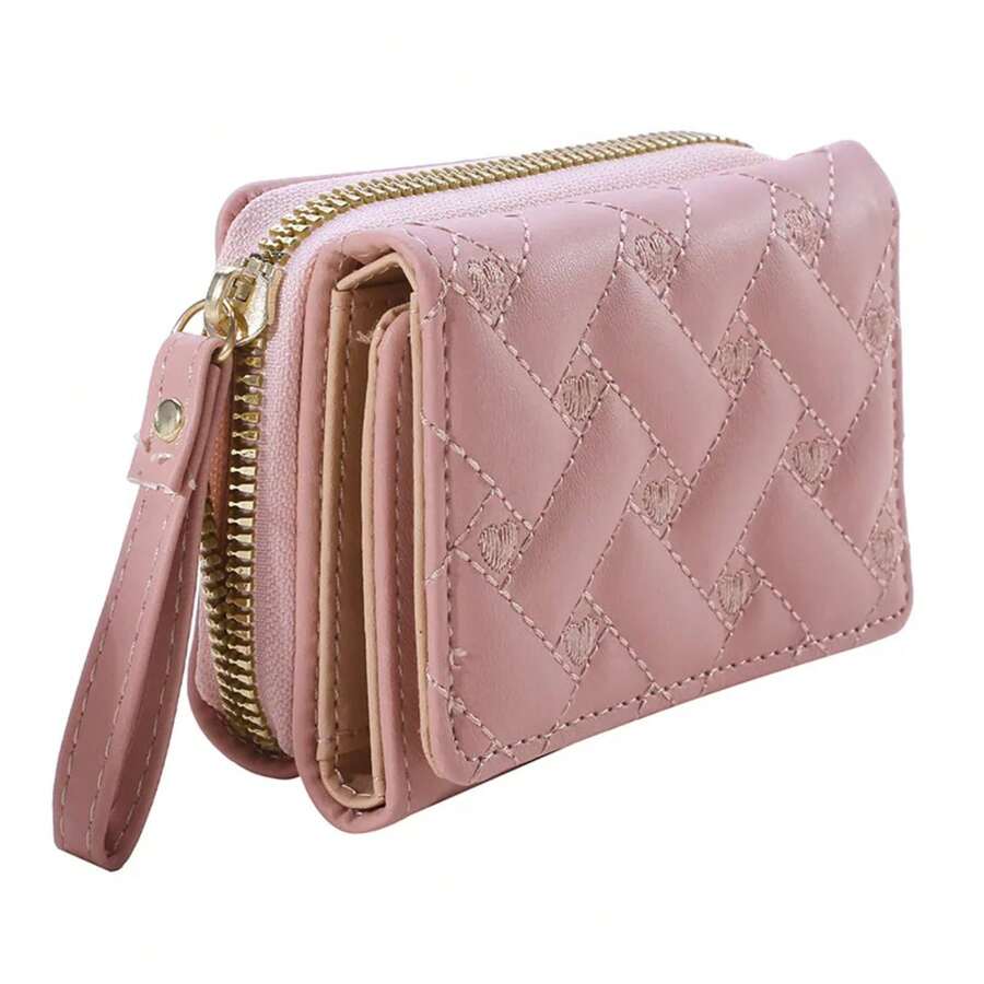 Cartera de Mujer de Cuero Moda Bordada Amor Cartera Pequeña de Tres Pliegues Portatarjetas Ranura para Múltiples Tarjetas Monederos Interior Rosa - Negro - Ver 1