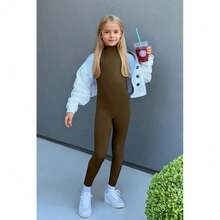 YgneeDom Kids Girls One Piece Spandex Unitards, Long Sleeve Turtleneck Unitard, Full Body Catsuit, Dance Leotard Costumes{"Color_name":"Brown","Size_name":"Small"} - 棕色 - 查看 4