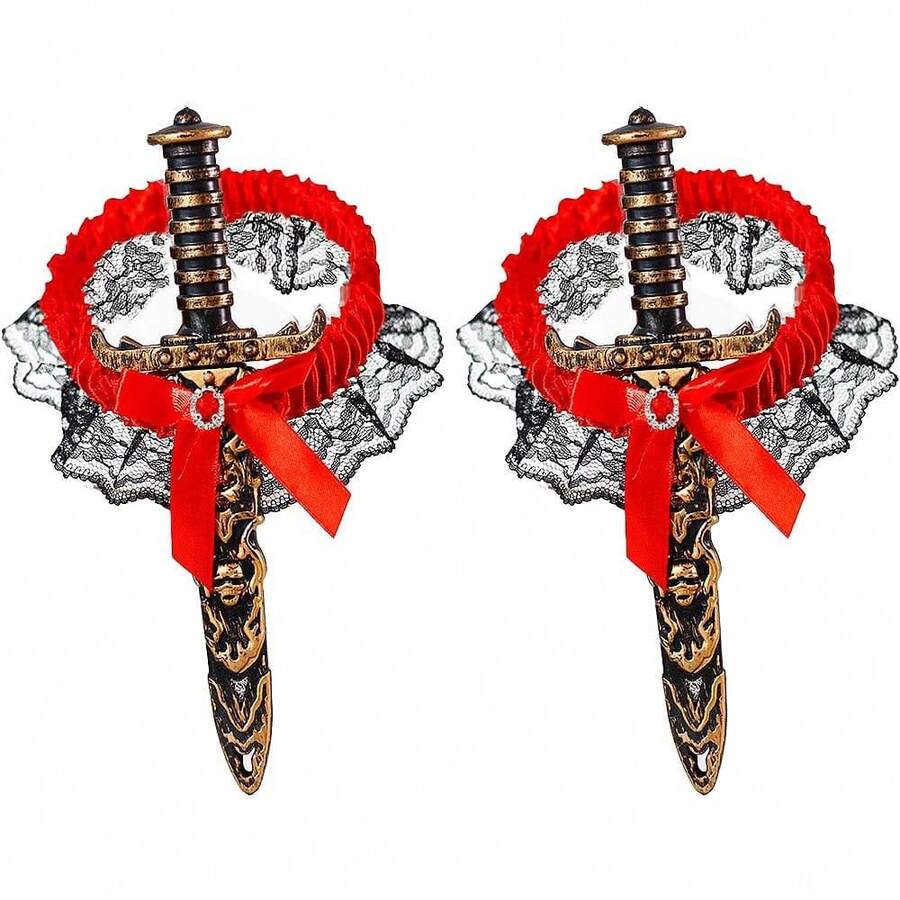 2 Pcs Pirate Sword With Lace Bow Womens Pirate Costume Toy Sword With Thigh Garter Pirate Costume Women Pirate Accessories{"Color_name":"Red-Bronze"} - 紅古銅色 - 查看 1