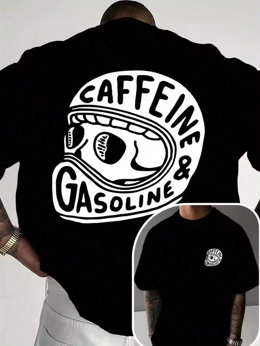Men's T-Shirt Adult Kids Plus Size Casual Street Wear Premium Cotton Fashion Helmet Caffeine And Gasoline Motorcycle Biker Club - 黑色 - 查看 1