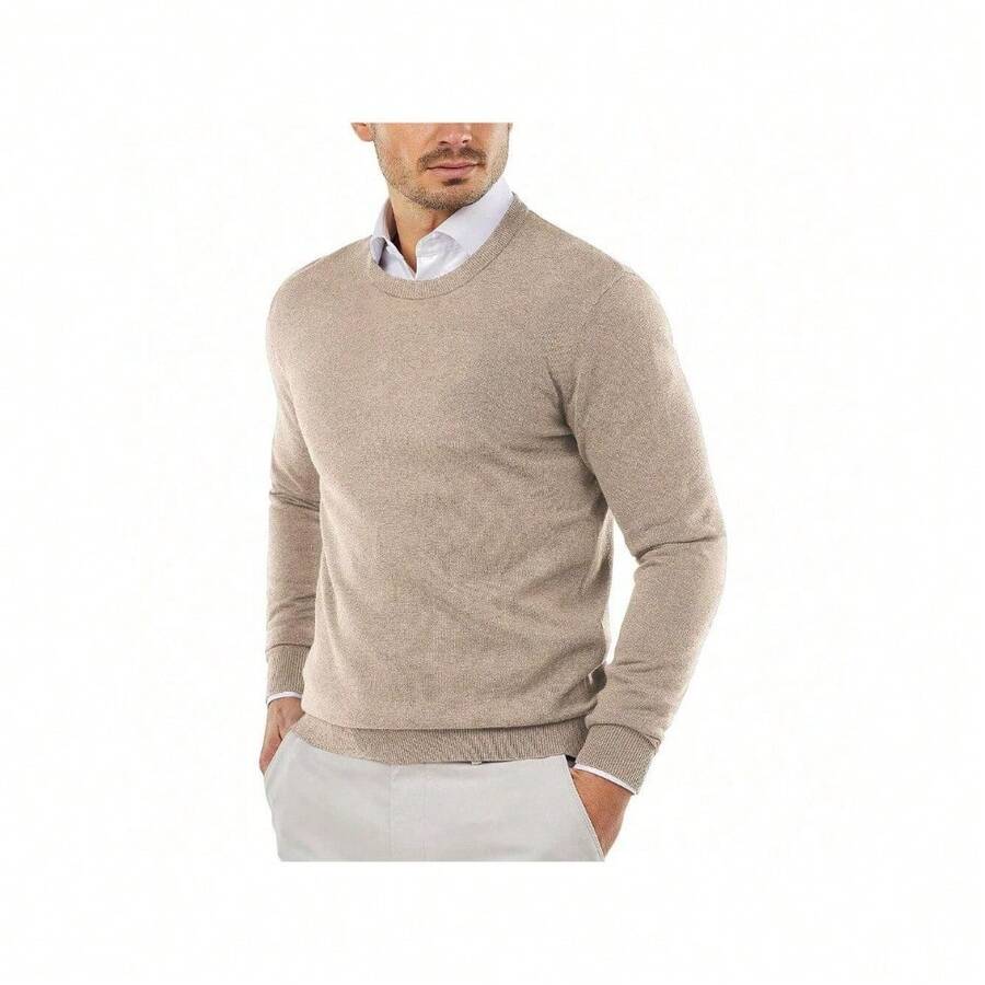 Men's Crew Neck Sweater Slim Fit Lightweight Sweatshirts Knitted Pullover For Casual Or Dressy Wear - 駝色 - 查看 1