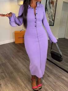 FENDAI Plus Size Women's Autumn/Winter New Dress, Purple Tight-Fitting Elegant Knit Dress With Contrast Trim Stitching, Slit Cuffs And Front Button Decor, Suitable For Commuting And Parties