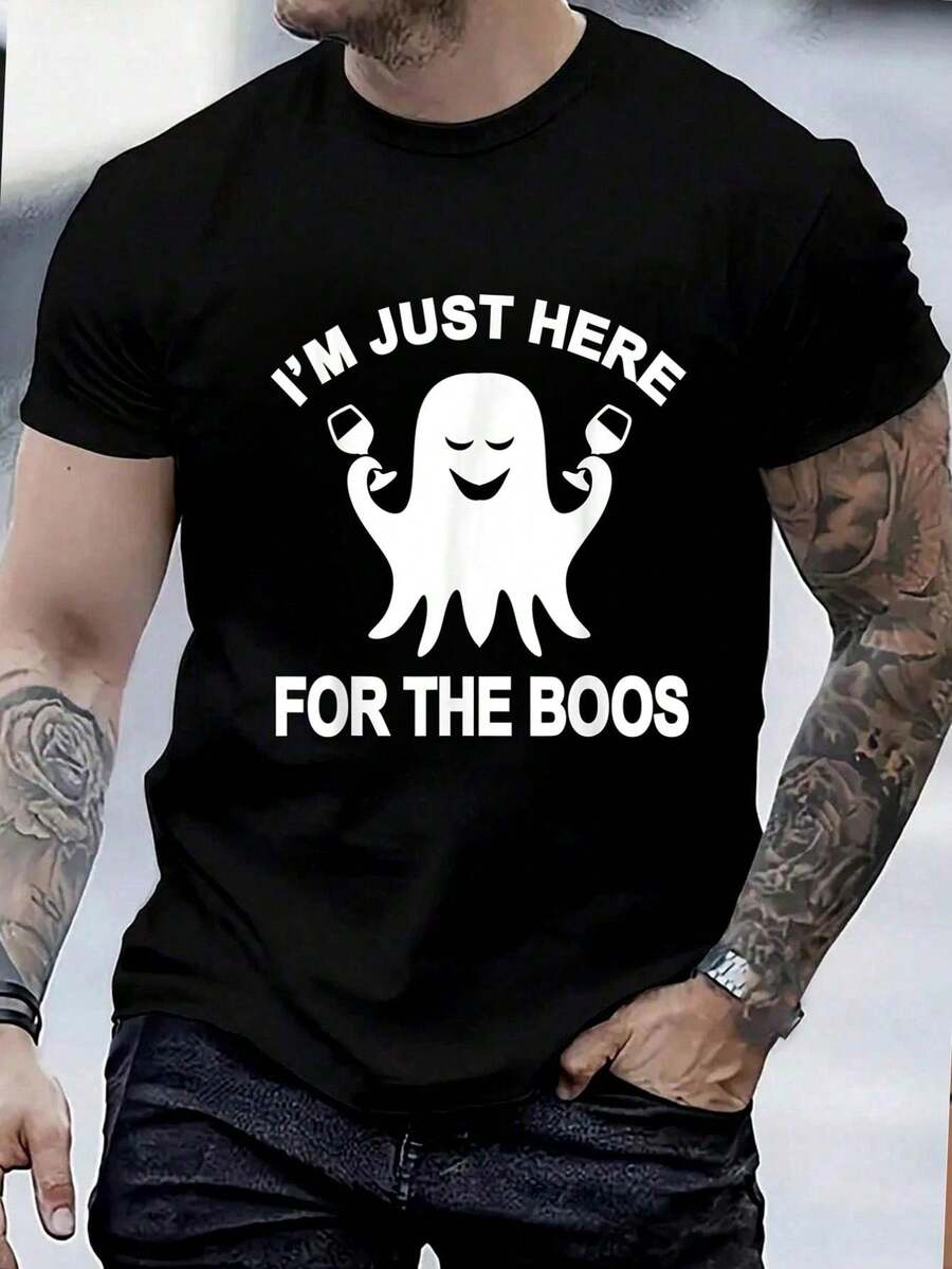 I'm Just Here For The Boos Funny Halloween Ghost Graphic T-Shirt - 100% Cotton Summer Clothes For Men, Perfect For Daily Wear, Hiking, And Travel - Black - View 1