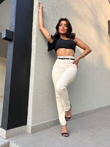 Mon Jeans Pants Without Lycra Women's High Waist Pants Feminine Fashion - Damasco com cinto - 查看 1