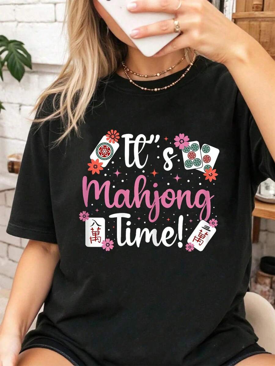 100% Cotton It's Mahjong Time! Mahjong & Cherry Blossoms For Women Girls T-Shirt Graphic Shirt Women - màu đen - Xem 1