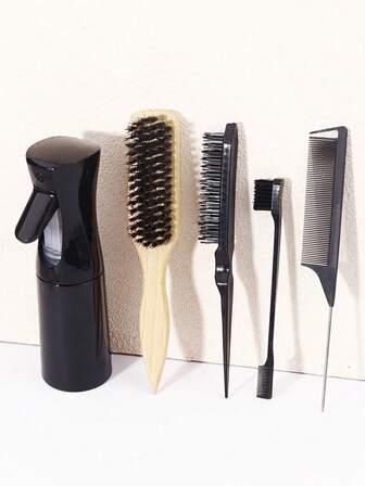 5件套美发造型工具套装 - 顺滑边缘造型刷、高压连续喷雾瓶、钢针尾梳、蓬松尼龙刷、边缘刷，随时打造时尚发型，男女皆宜