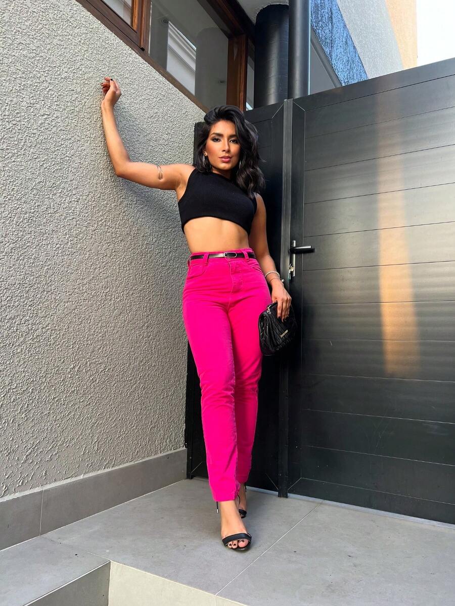 Mon Jeans Pants Without Lycra Women's High Waist Pants Feminine Fashion - Pink com cinto - 查看 1