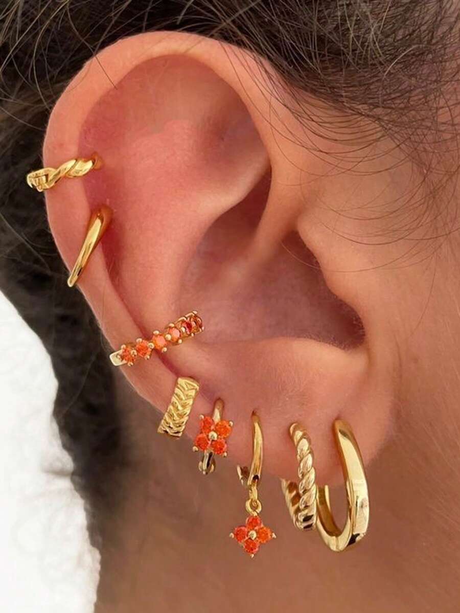 8pcs Fashionable Orange Cubic Zirconia Cartilage Hoop Earrings Set, Multi-Layer Clover Decor, Suitable For Women Daily, Party, Banquet Accessories - Yellow Gold - View 1