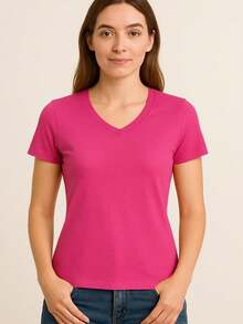 Women's Basic Short Sleeve V-Neck Blouse - Hot Pink - View 1