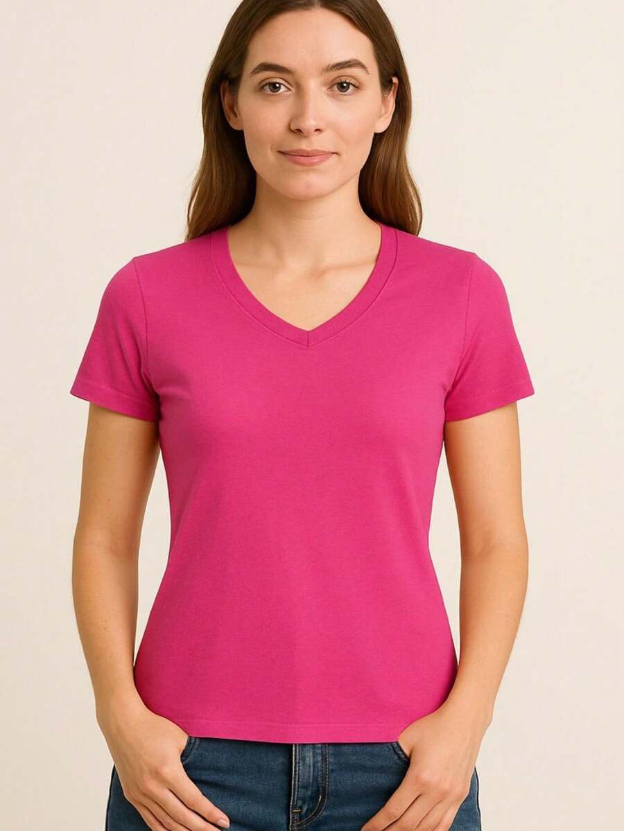 Women's Basic Short Sleeve V-Neck Blouse - Hot Pink - View 1