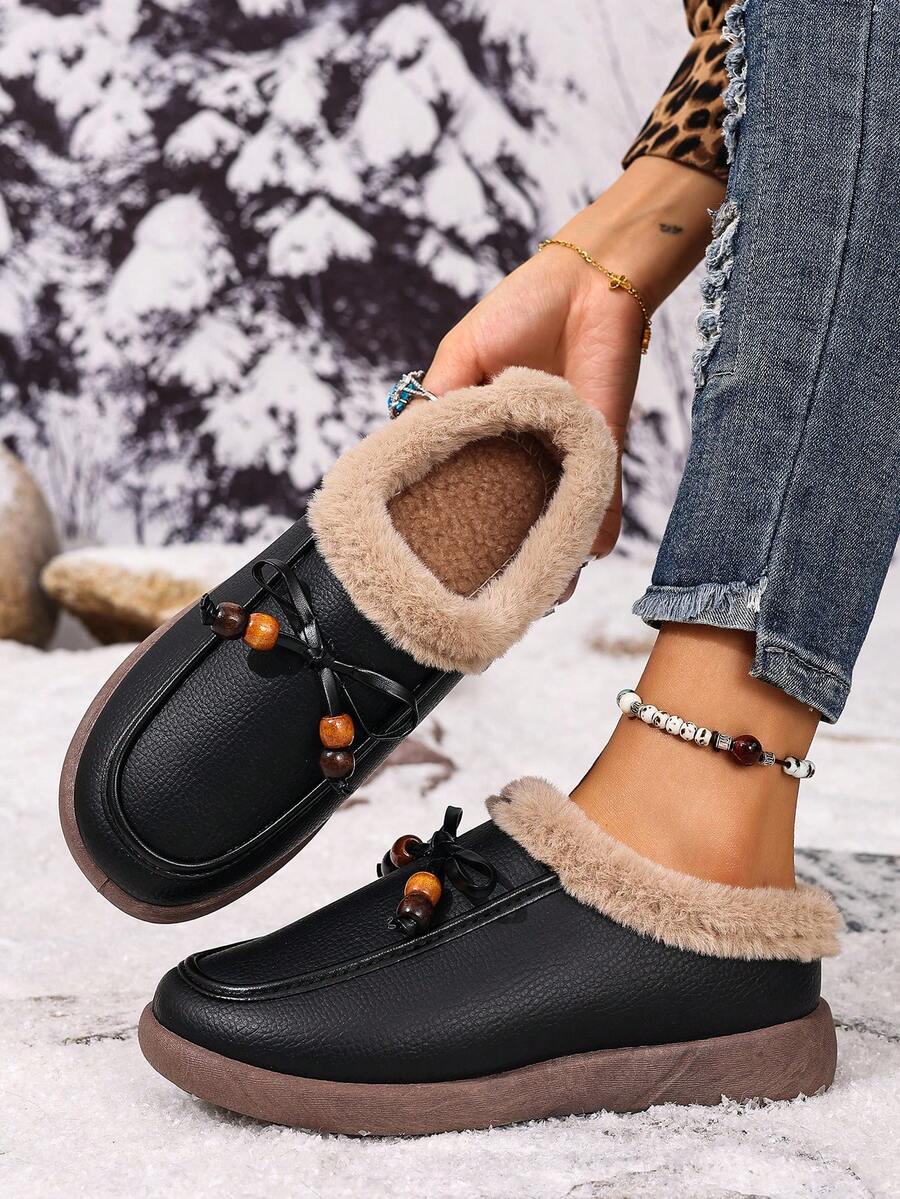 Women's Fashionable & Versatile Solid Color Ankle Boots, Warm, Flat, Short Boots, Slip-On, Casual, Comfortable, Autumn/Winter New - Black - View 1