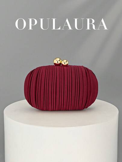OpulAura 秋冬勃艮第酒红色褶皱蛋形手拿包。精致缎面女士晚宴包，搭配可拆卸金属链带，时尚女士商务包，派对女孩、新娘和大学生的完美钱包之选。派对、圣诞舞会、宴会、聚会、婚礼的理想之选。优雅仿珍珠包，派对手提包的最佳之选，新娘送礼会的理想之选。