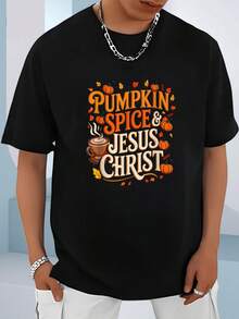 100% Cotton HALLOWEEN JESUS T-Shirt  - Men's Autumn Canadian Maple Leaf, Thanksgiving And Halloween Printed Top - Black - View 5