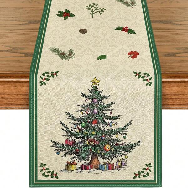 1 Stück Tischläufer mit Weihnachtsbaummuster, Polyester bedruckte Weihnachtsdekoration für Wohnzimmer, Kaffeetisch, Esszimmer, Eingangsbereich