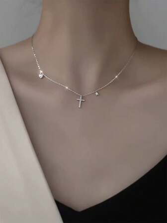 1pc Fashionable Silver-Color Women's Cubic Zirconia Cross Pendant Necklace