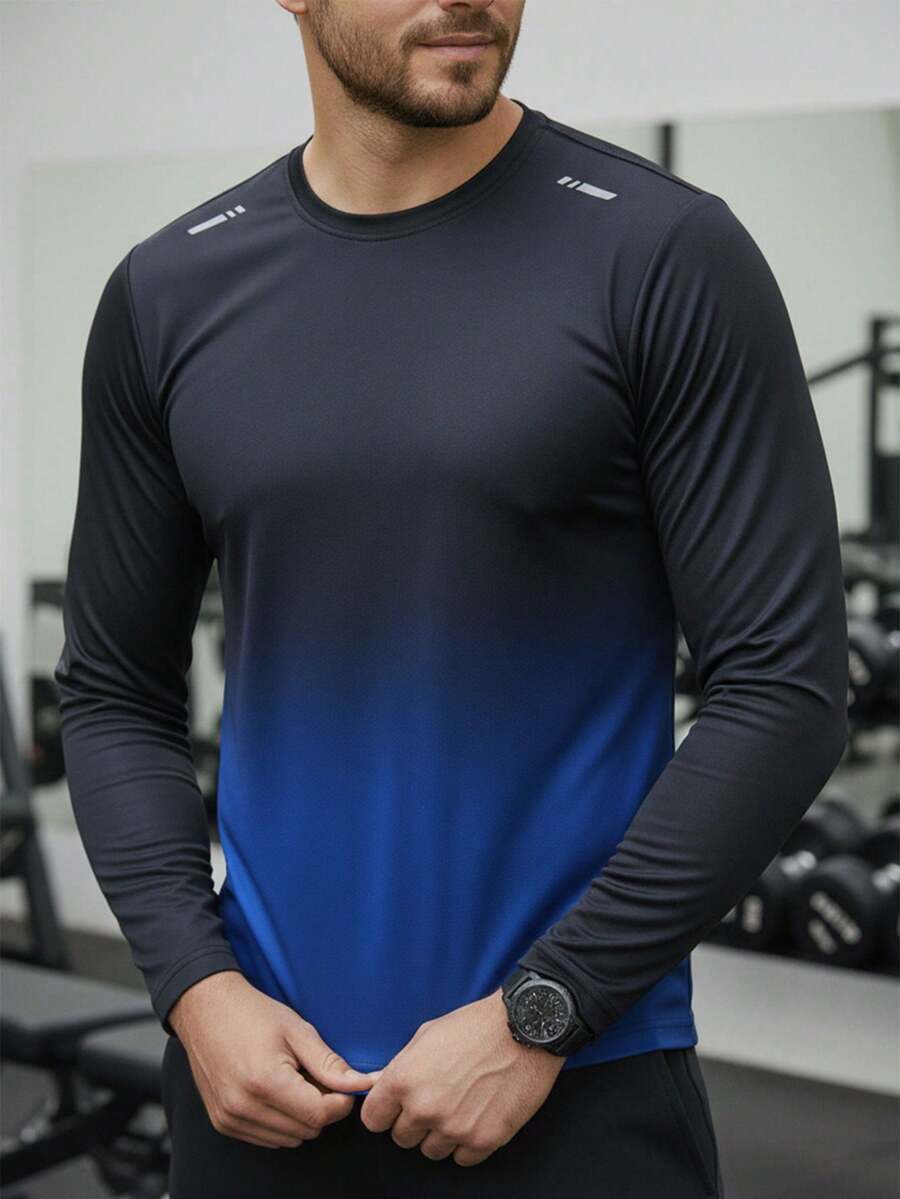 Men's Gradient Long Sleeve Sports T-Shirt, Gym Running Training Athletic Top, Autumn/Winter - Black - View 1