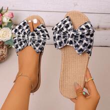 Novos chinelos femininos de tecido de linho, chinelos antiderrapantes com sola macia para ambientes internos, decoração com laço de praia