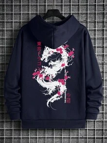 Men's Autumn/Winter Street Style Japanese Dragon & Cherry Blossom Print Hoodie Sweatshirt, Suitable As Gift For Husband, Boyfriend, Friend, Long Sleeve Top - Navy Blue - View 4