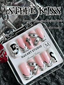 Thiết kế độc đáo, làm thủ công, bộ 10 móng tay acrylic phong cách Trash Punk, móng vuông ngắn, nghệ thuật móng Y2K, móng hồng họa tiết sọc ngựa vằn, móng giả màu trắng kiểu Pháp được phối hợp hoàn hảo với điểm nhấn năm ngôi sao kim loại. - Nhiều màu - Xem 8