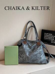 CHAIKA & KILTER 1 chiếc Túi đeo vai bằng vải PU trơn màu, Túi tote cổ điển thường ngày cho nữ, Túi đựng sách cho sinh viên đại học, Trang trí bằng đường khâu và đinh tán, Thiết kế quai xách đôi, Khóa kéo, Thích hợp cho việc mua sắm hàng ngày - Màu xanh lam - Xem 4